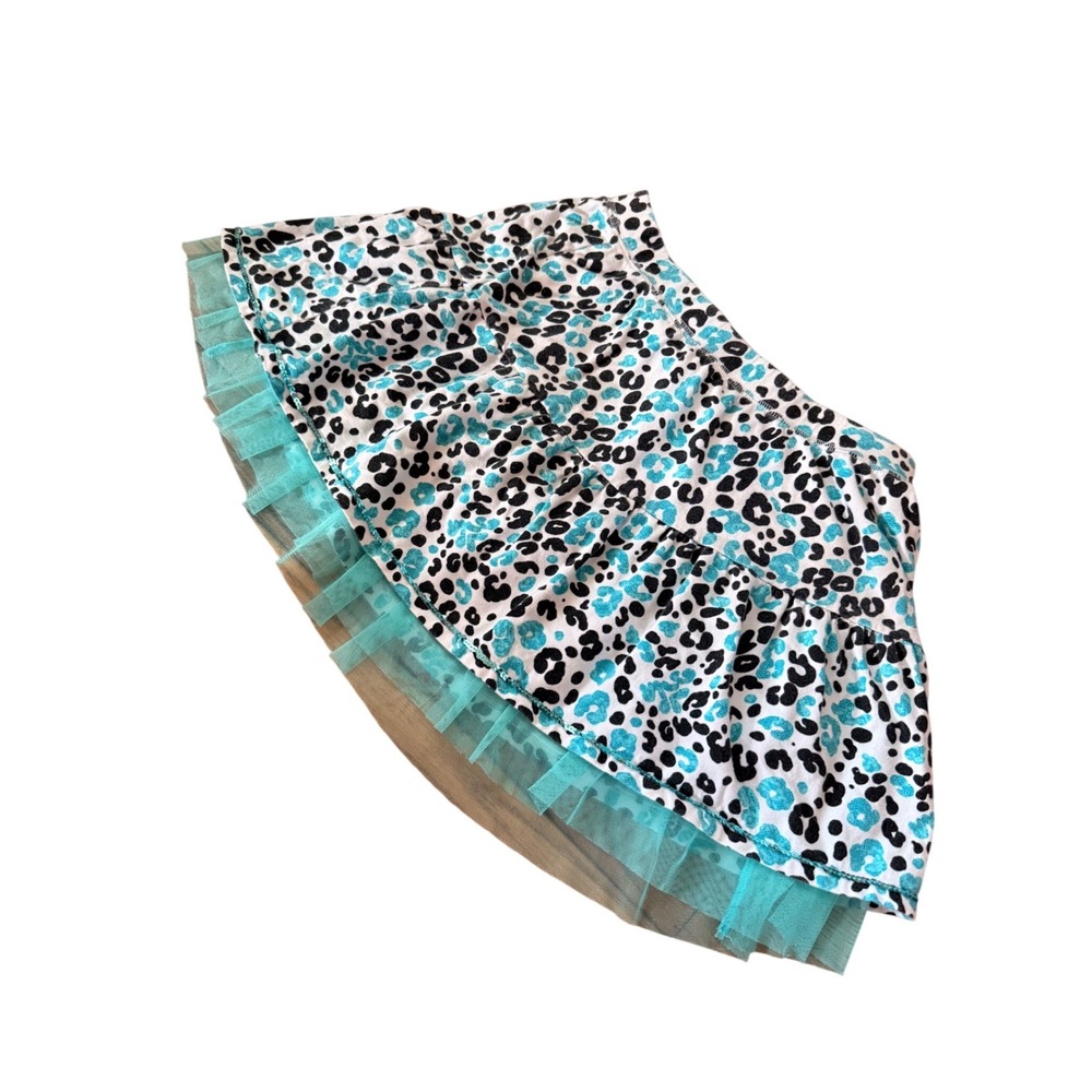 Y2K Mcbling Justice Girls Teal Leopard Print Skort with Tulle Trim and Sequins